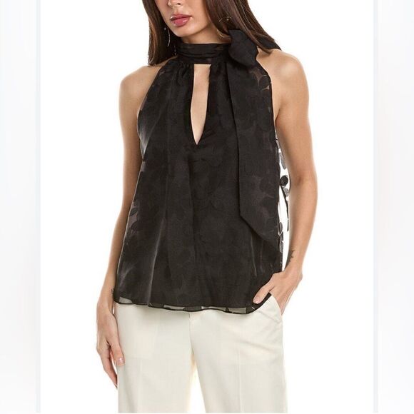 Ramy Brook Claudia floral tie neck sleeveless top black mesh NWT with Sz 8 - Picture 1 of 11
